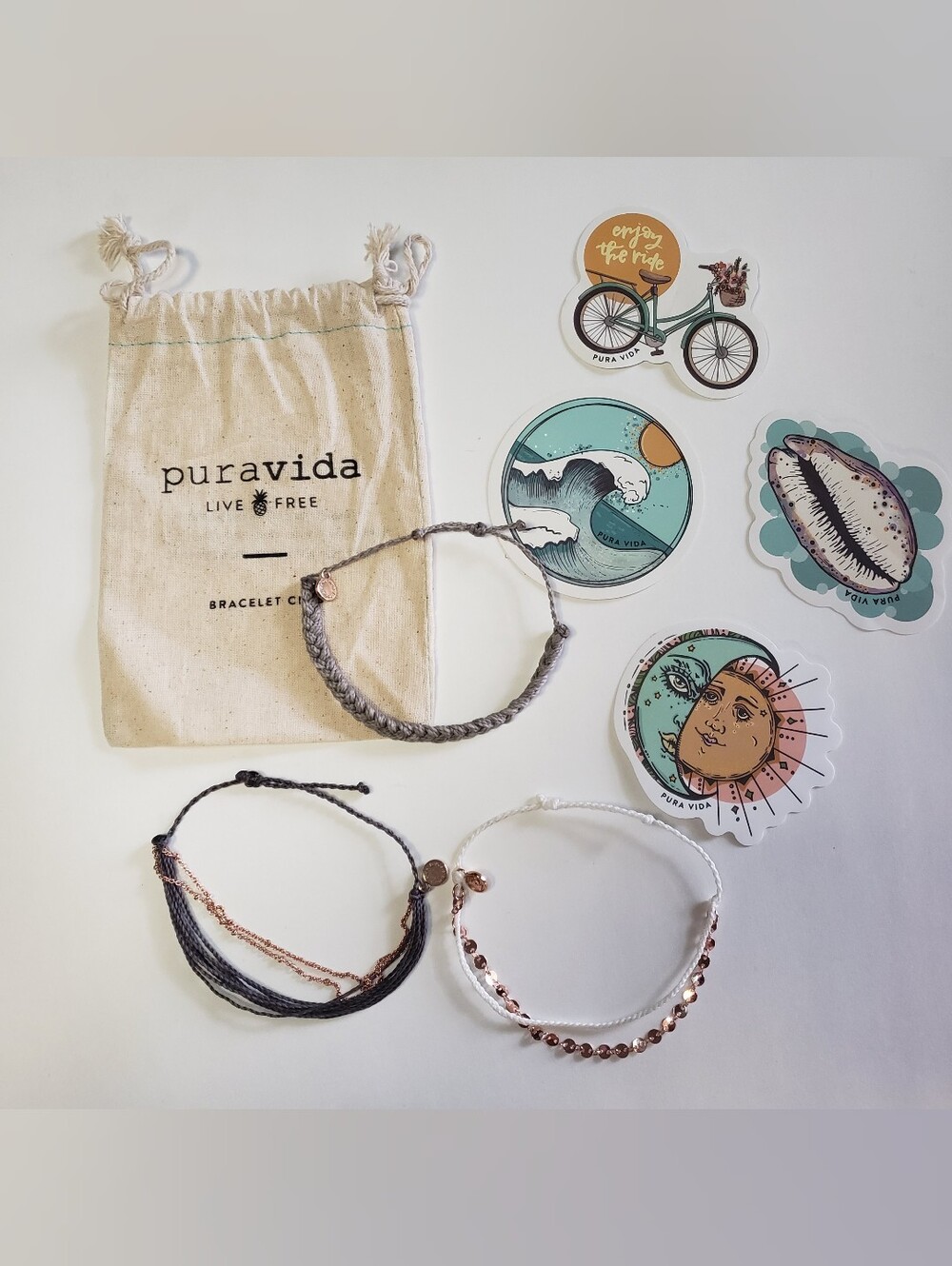 Pura Vida Bracelet Trio - Gray, Black, White with Rose Gold Accents + Stickers